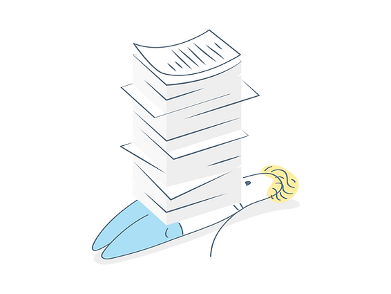 Illustration of an overwhelmed person crushed under a towering stack of large paper documents, symbolizing stress or overload from excessive paperwork or tasks.